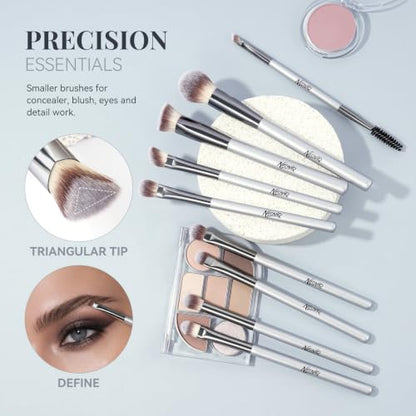 14 PCS Professional Makeup Brushes Set with Travel Cosmetic Bag（Silver） | Luxe Soft Synthetic Face & Eye Makeup Brush Kit for Foundation, Powder, Blush, Concealer, Eyeshadow, Contour, Eyebrow - color: 14PCS-0-Silver