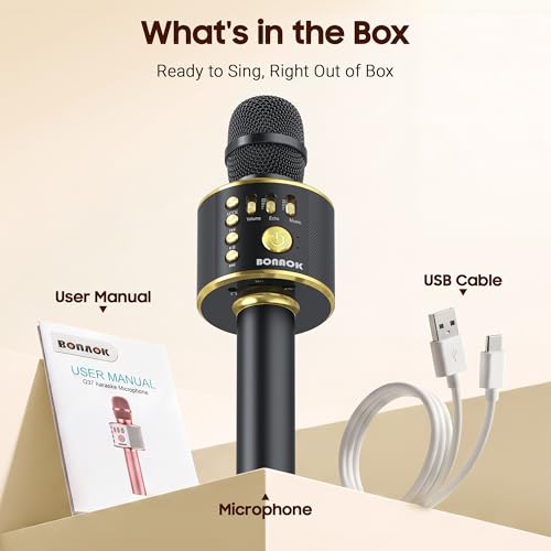 BONAOK Bluetooth Karaoke Microphone, Wireless Mic for Kids Adults to Sing - color: Black Gold