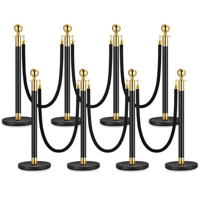 4PCS Stanchion Posts with Black Velvet Rope, 5 ft/1.5 m Velvet Carpet Ropes and Pole Crowd Control Barriers, Queue Line Rope & Poles for Party Supplies, Events, Hotels, Black