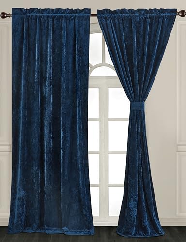 Chezmoi Collection Lux Navy Blue Crushed Velvet Curtains 2 Panel Set - 84 inches Long Room Darkening Luxury Distressed Velvet Rod Pocket Window Drapes for Living Room Bedroom 50" W x 84" L - color: Navy Blue