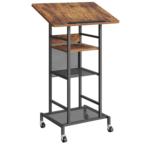 MAHANCRIS Podium Stand with Locking Wheels, 4-Tier Mobile Lectern with Storage Shelves and Non-Slip Lip, for Classroom, Church, Conference Standing Desk, Rustic Brown and Black LPHR6001 - color: Rustic Brown and Black