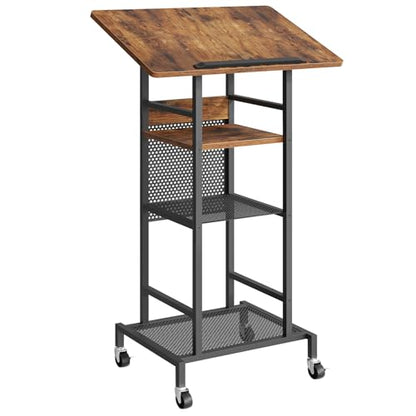 MAHANCRIS Podium Stand with Locking Wheels, 4-Tier Mobile Lectern with Storage Shelves and Non-Slip Lip, for Classroom, Church, Conference Standing Desk, Rustic Brown and Black LPHR6001 - color: Rustic Brown and Black