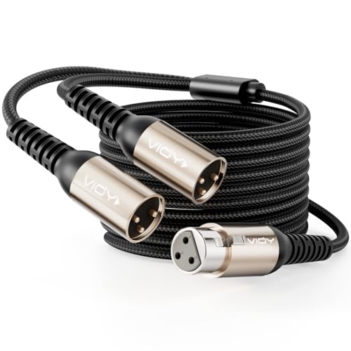 VIOY XLR Y Splitter Cable 15 FT, 3Pin Balanced 1 Female to 2 Male Mic Cord | 3-pin shielding XLR splitter, self-locking XLR plug, aluminum shell, nylon braided cord for studio recording and podcast use - size: 15FT