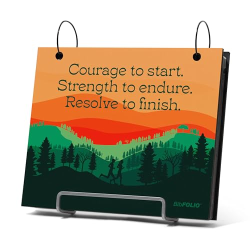 Gone For a Run BibFOLIO Race Bib Album - Courage Strength Resolve - 9.5x8 | Wood Cover, Twist Cable Rings, Race Bib Holder, Holds Up to 100 Bibs, Includes 12 Vinyl Sleeves, Marathon Runner Gift - color: Courage Strength Resolve
