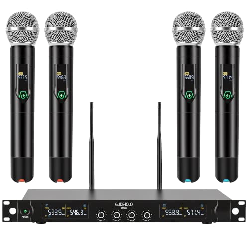 4-Channel Wireless Microphone System, Quad UHF Metal Cordless Mic, 4x25 Channels, Professional Cordless Mic System for Church, DJ, Karaoke,Wedding, Home KTV Set