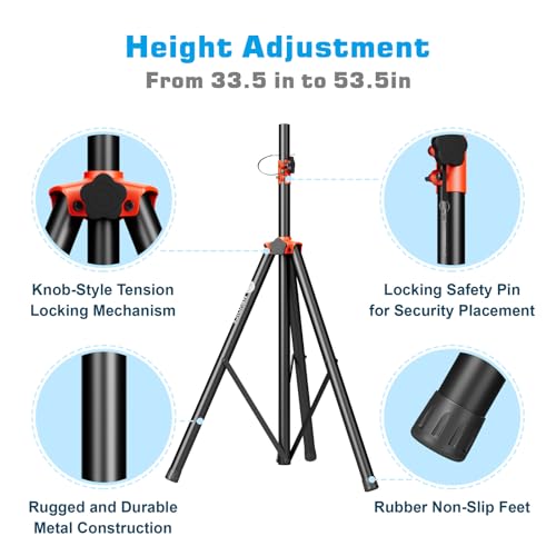 NBVOICE Speaker Stands Heavy Duty - Adjustable Height 50.5'' to 83.5'', Speaker Tripod Stand with Non-Slip Rubber Feet,144lbs Load Capacity for Stage/DJ/Party, Fits 1.38"&1.63" Speaker Poles (1-Pack)