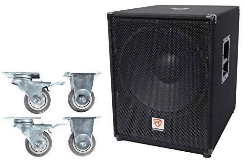 Rockville PBG18 Bundle: 18" 2000W Peak/1000W RMS Passive 8-Ohm Pro Audio Subwoofer with MDF Cabinet, WH4 3" Locking Swivel Steel Caster Wheels for PA Speakers and Subwoofers, 2-Items