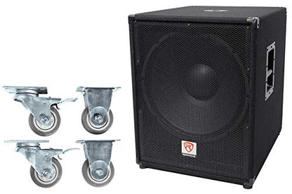 Rockville PBG18 Bundle: 18" 2000W Peak/1000W RMS Passive 8-Ohm Pro Audio Subwoofer with MDF Cabinet, WH4 3" Locking Swivel Steel Caster Wheels for PA Speakers and Subwoofers, 2-Items