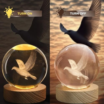 Flexzion 3D Bird Crystal Ball Lamp, 3.15 inch (80mm), USB Night Light | Bird Lamp with Solid Beech Wood Base and Adjustable Brightness for Bedrooms, Nightstands, Desks, Shelves and Room Decor - size: 3.15 inch (80mm), style: Bird