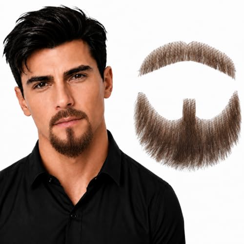 Hand-Tied Human Hair Fake Beard and Mustache for Costumes and Theater | Hand-knotted human hair on lightweight lace creates natural-looking facial hair for costumes, cosplay, theater and film - color: Style 1--brown