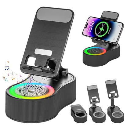 Cell Phone Stand with Bluetooth Speaker - Wireless Bluetooth Speaker with 360° Rotatable Phone Holder, Multifunctional Adjustable Stand with Charging Compatible with Tablet for Home Desk (Black) - color: Black