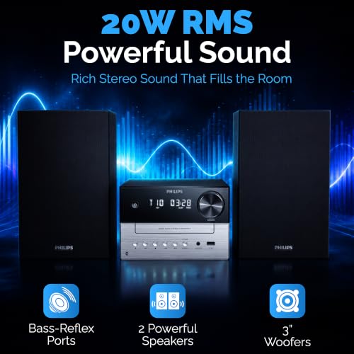 Philips Bluetooth Stereo System for Home with CD Player for Home, Wireless Streaming Bluetooth 5.4 & Auracast, Upgraded 20W Sound, MP3, USB, Audio in, FM Radio, Micro Music Sound System - size: 20W Stereo system