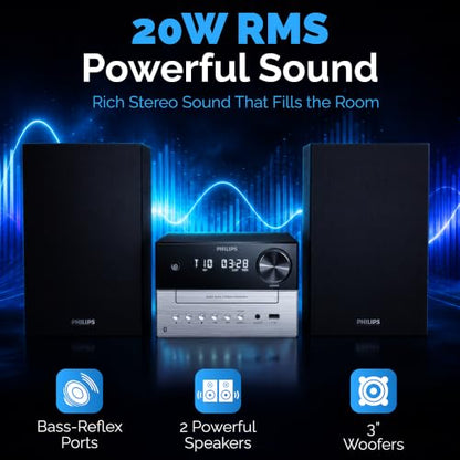 Philips Bluetooth Stereo System for Home with CD Player for Home, Wireless Streaming Bluetooth 5.4 & Auracast, Upgraded 20W Sound, MP3, USB, Audio in, FM Radio, Micro Music Sound System - size: 20W Stereo system