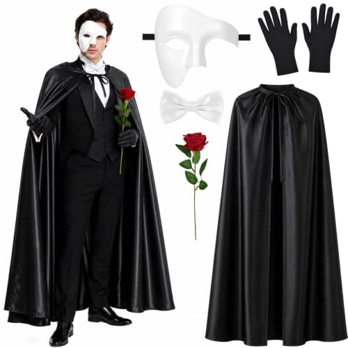 5 Pcs Opera Costume Set with Black Cape White Mask Bow Tie Gloves and Red Rose for Adult Halloween Cosplay Funny Party Dress up Accessories