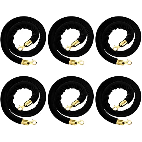 6 Pieces Velvet Stanchion Rope Bulk 4 Feet Party Crowd Control Barrier Safety Velvet Rope with Gold Hook for Movie Theater Opening, Hotel, Carpet, Not Include Stanchion Post(Black) - color: Black