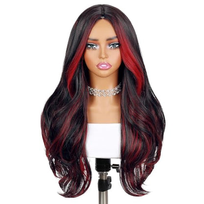 Quantum Love Long Curly Wig for Women Long Wavy Black Mix Red Wigs 28Inch Natural Looking Synthetic Fashion Color Hair for Cosplay Halloween Daily Party Use - color: Mix Red