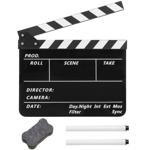 Film Slate Clapper Board, Acrylic Black Movie Directors Clapboard | 9.6 x 11.7 In Movie Clapboard Cut Action Scene Prop for Photography and Video Shooting, Comes with Magnetic Eraser and 2 Pens