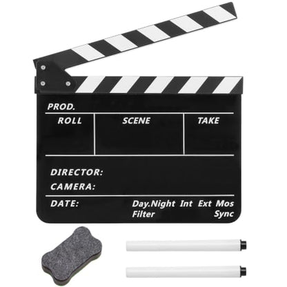 Film Slate Clapper Board, Acrylic Black Movie Directors Clapboard | 9.6 x 11.7 In Movie Clapboard Cut Action Scene Prop for Photography and Video Shooting, Comes with Magnetic Eraser and 2 Pens