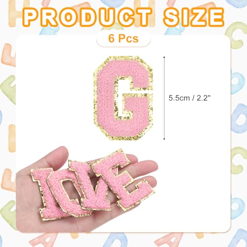 MECCANIXITY Chenille Letter Patches 2.2" Self Adhesive Alphabet G Stick on Embroidered Patch Sew on Letter Stickers Applique for Repairing Clothing Jeans Shoes Hats DIY(Pink, Pack of 6) - style: Letter-G