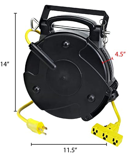 Alert ProReel Pro-Grade 8150MP Heavy-Duty Retractable Extension Cord Reel | 50' - 14/3 SJTOW Electrical Retracting Cord | Tri-Tap Grounded Outlet with Power Light | 13 Amp Resettable Circuit Breaker