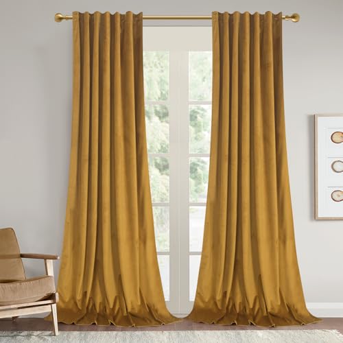 Roslynwood Luxury Soft Mustard Velvet Curtains 63 inches Long Back Tab Thermal Insulated Blackout Window Drapes for Living Room/Bedroom/Dining Room, W52 x L63, 2 Panels - color: Mustard, size: 52"W x 63"L (Pack of 2)