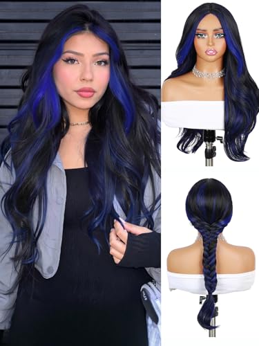 Quantum Love Long Curly Blue Wig for Women 28 Inch Long Wavy Wigs Black Mix Blue Natural Looking Synthetic Fashion Color Hair for Cosplay Halloween Daily - color: Mix Blue