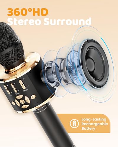 Amazmic Kids Karaoke Microphone Machine Toy Bluetooth Microphone Portable Wireless Karaoke Machine Handheld with LED Lights, Gift for Children Adults Birthday Party, Home KTV(Black Gold) - color: Black Gold