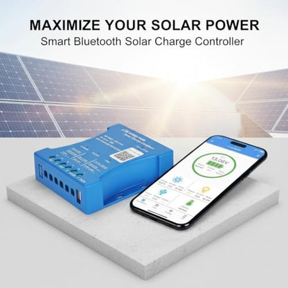 Solar Charge Controller 20A with Bluetooth – 12V/24V Auto Detect, LCD Display & USB Port, Compatible LiFePO4 Lithium Gel AGM Sealed, Monitor via LM Solar App (iOS/Android), 3-Stage Charging
