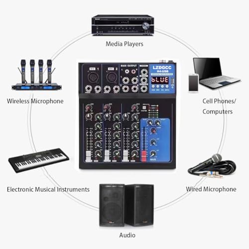 Professional Audio Mixer, 4 Channel DJ Bluetooth Portable Mixer Board | USB DJ Mixer Board with 48v Phantom Power, DJ mixers Sound Board for Live Show Streaming Music Stage Karaoke