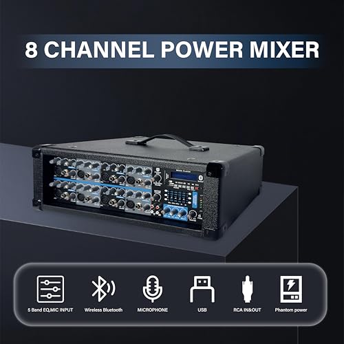 PRORECK Delta 128 2400W Bluetooth PA Speaker System with 8-Channel Powered Mixer, 2 12-Inch Passive Speakers, Stands, Reverb Effects, 15V Phantom Power. Perfect for DJs, Bands, Karaoke, Live Events - size: 12"+8 channel mixer