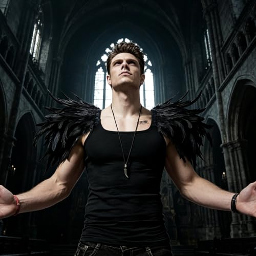 L'VOW Men Gothic Natural Real Feather Epaulet Shrug Shoulder Strap for Halloween Costume - Pack of 2 - color: A-rooster Black