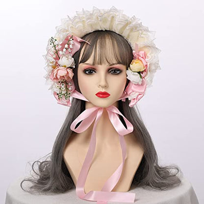 COSDREAMER Girls Women Victorian Bonnets Lace Flowers Tea Party Hats - color: Pink