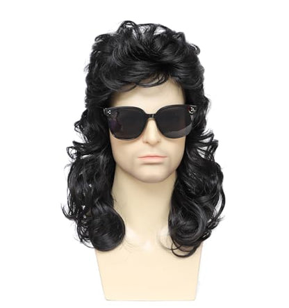 Mullet Wigs for Men 80s Costumes Fancy Party Accessory Cosplay Wig Men's Long Curly Mullet Wig with Sunglasses (Near Black) - color: 8002-Black