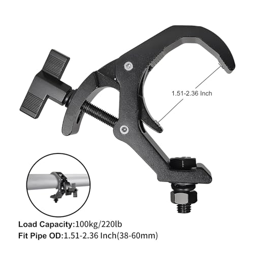 1.57-2.36 Inch Truss Clamp, 4PCS GZhumin Professional Aluminium Black Stage Lighting Clamp Hook with TUV Certified, Heavy Duty 100KG 220LB Lighting Clamps, Fit for 40-60 mm OD Tube