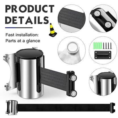2 Pcs Retractable Belt Barrier Wall Mount Magnetic Retractable Wall Barrier with Stainless Steel Case for Grocery Retail Store Stadium (Black)