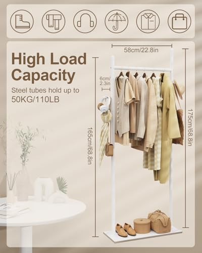 Metal Garment Rack, Coat Hanger Stand, 25.6x11.8x68.9 In, White | Metal Clothing Rack for Hanging Clothes, Freestanding Hanging Rails with Hooks and Heavy Rock Slab Base, Industrial Style - color: White, size: 11.8 x 25.6 x 68.9 In