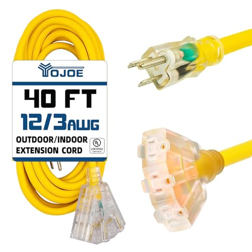 YOJOE 3-Outlets Indoor Outdoor Extension Cord with Lighted End, 3 Prong 15A Weatherproof Power Cord, 12 Gauge Heavy Duty 40 ft Yellow Extension Cord Multiple Outlets, 12/3 SJTW UL Certified - color: Yellow, size: 40 Foot