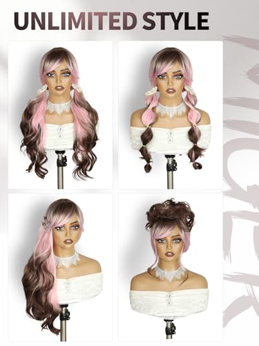 WIGER Long Wavy Wig With Bangs Pink Romantic Curly Hair With Brown Roots and Ends Synthetic Layered Curly Hair Ombre Pink Wig for Women Daily or Costumes - color: Pink Ombre Brown