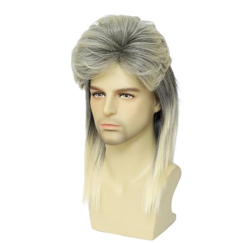 Men's 80s Mullet Wig, Rocker Style Wig Made of Heat-Resistant Synthetic Hair, Perfect for Halloween Costumes, 80s Themed Parties, Cosplay and Daily Wear (Blonde Mix Black) - color: m2058-Blonde Mix Black