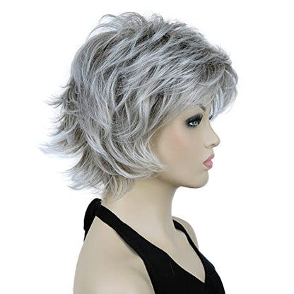 Lydell 8" Short Layered Shaggy Wavy Full Synthetic Wig (48T Light Gray with Dark Root) - color: 48T Gray with Dark Root