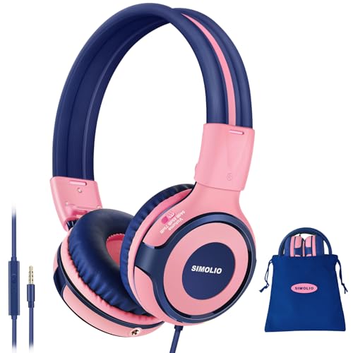 SIMOLIO Manyshare Series- Wired Kids Headphones with Microphone for School, 75/85/94 dB Volume Limit for Girls Tablet iPad PC, Corded Pink Headsets w/Share Port & Carry Bag for Travel Airplane Gaming - color: Blush Pink