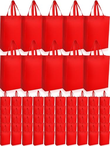 Jexine 72 Pcs Non Woven Tote Bags Bulk, Reusable Large Gift Bags with Handles, Grocery Bag for Party Favors, 14 x 10 Inch - color: Red