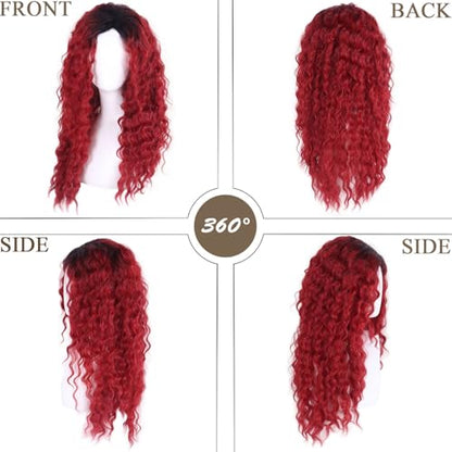 Womens Long Curly Wig Vibrant Red to Black Ombre, Full Voluminous Curls - color: Ombre Red