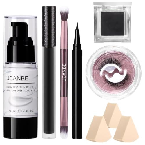 UCANBE Halloween Makeup Kit – Black Eyeshadow, White Liquid Foundation, Black Liquid Lipstick & Eyeliner, Self Adhensive Eyelashes, Brush & Sponges Makeup Set for SFX Cosplay Skeleton Skull Demon - color: Black Makeup Kit