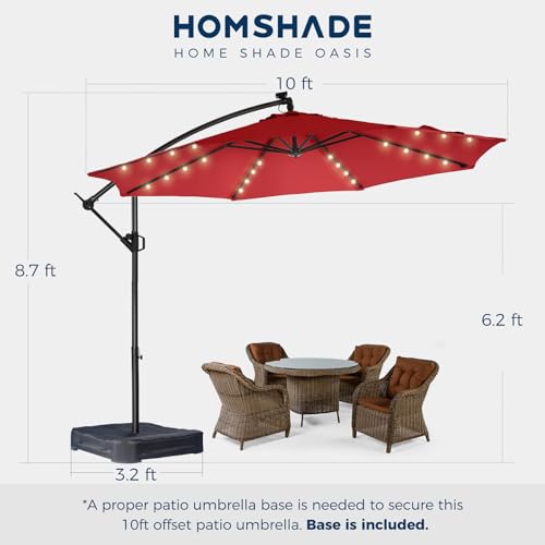 10FT Solar LED Cantilever Patio Umbrella with Base Included, Red | Premium 220GSM Solution-Dyed Fabric, 5-Year Fade-Resistant, 30 MPH Windproof, 45° Infinite Tilt and Crank for Outdoor Pool - color: Red