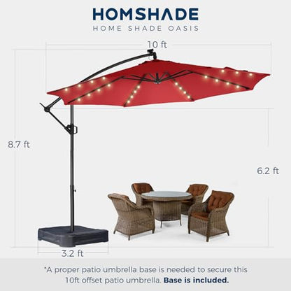 10FT Solar LED Cantilever Patio Umbrella with Base Included, Red | Premium 220GSM Solution-Dyed Fabric, 5-Year Fade-Resistant, 30 MPH Windproof, 45° Infinite Tilt and Crank for Outdoor Pool - color: Red