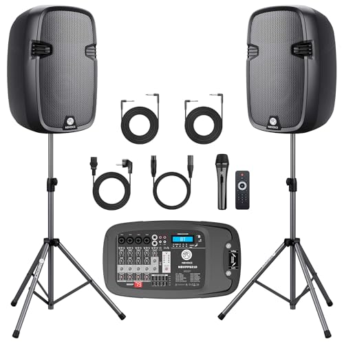 NBVOICE NBVPPS210DSP 10" 600W Professional Powered PA System with 99DSP Tech, 48V Phantom Power,8-Channel Mixer & Bluetooth 5.3,Tripods Included for DJ/Outdoor Events