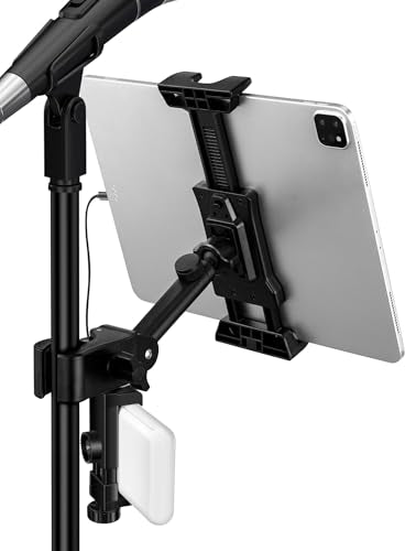 Tablet Holder for Microphone Stand with Power Bank Clip, iPad Music Stand | 360° Adjustable Spring-Loaded Clip Clip-on Phone Mount for Sheet Music Stand, Fits Devices Screen Size from 4.7 to 13.5” - size: XL