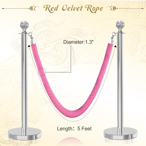 4PCS Pink Velvet Stanchion Rope 5 Ft Crowd Control Ropes Barrier with Silver Hooks for Party - color: Pink&Silver, size: 4PCS