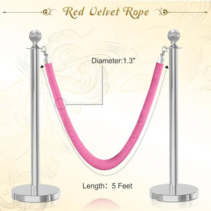 4PCS Pink Velvet Stanchion Rope 5 Ft Crowd Control Ropes Barrier with Silver Hooks for Party - color: Pink&Silver, size: 4PCS